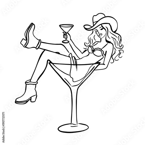 Cowgirl Sitting in Martini Glass Line Art Illustration, Western Party Outline Clipart