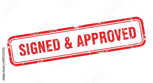A rectangular red stamp displaying the words signed approved in bold white capital letters signifying official validation high quality professional