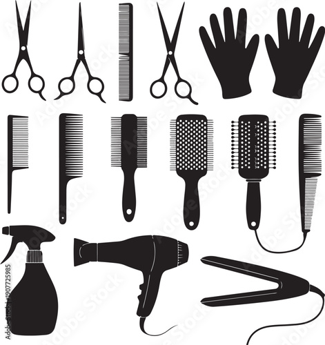 A comprehensive set of black silhouette icons representing diverse hairdressing equipment and tools
