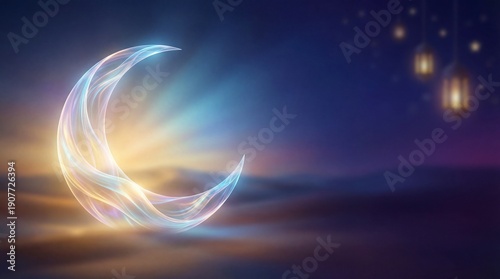 Ethereal Glowing Crescent Moon with Radiant Light Trails and Traditional Lanterns Against a Mystical Starry Night Sky, Perfect for Ramadan and Eid ...