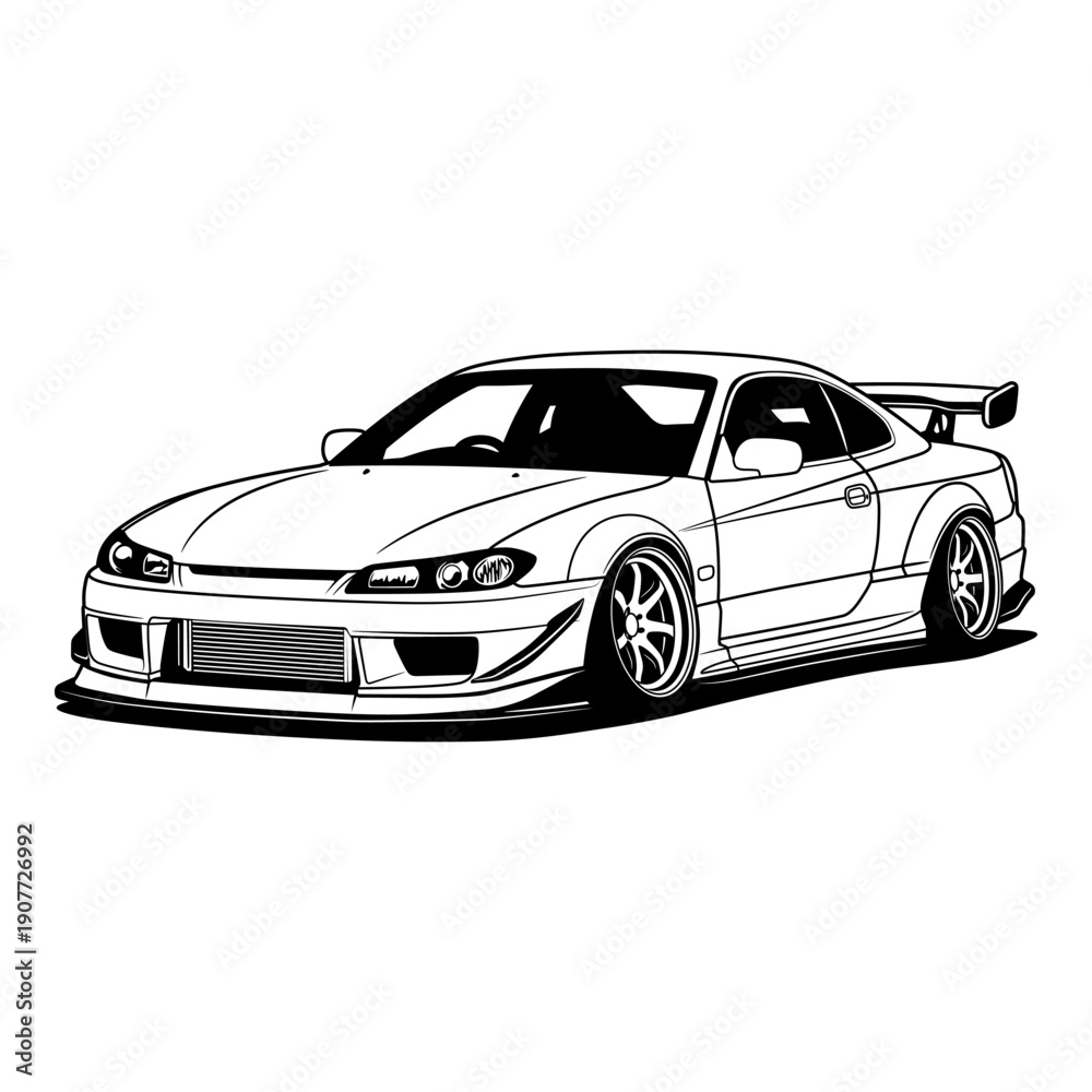 Obraz premium Black And White Car Vector Illustration For Conceptual Design. Separated layers, easy to edit in your vector supported software. Produced without the use of any form of AI generative software. 