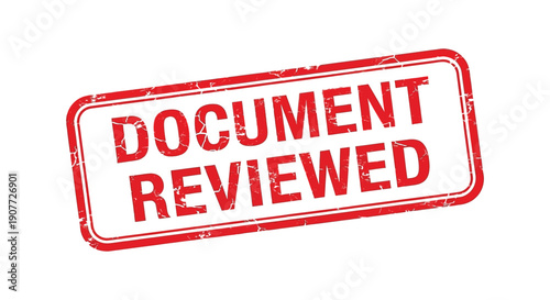 A rectangular distressed red stamp displaying the words document reviewed in bold white capital letters isolated on white high quality professional