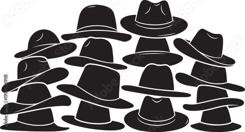 Collection of black hats with white outlines arranged neatly