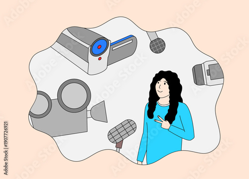 Woman is in front off at camera. There are many different types of cameras and other equipment in the background