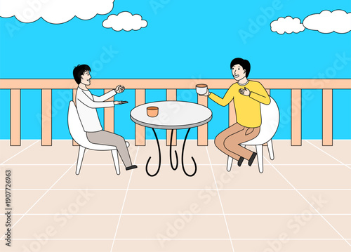 Two men sitting at a table while drinking coffee