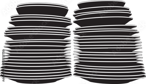 Stacks of black and white plates on white background