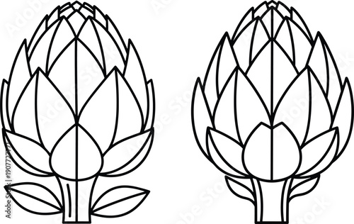Artichoke line art illustrations set, black and white vegetable outlines, botanical food icons, minimalist vector drawing isolated on clean background