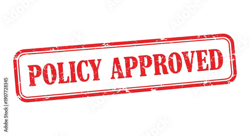 A red rectangular stamp with the words policy approved is prominently displayed on a white background indicating acceptance high quality professional