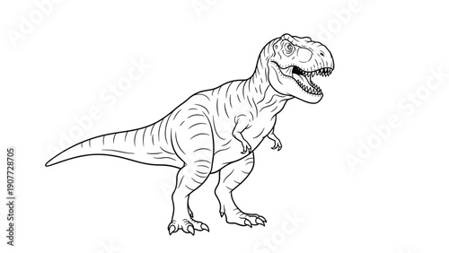 Powerful Tyrannosaurus Rex dinosaur with its mouth wide open, showing sharp teeth, is depicted in a detailed line art drawing.