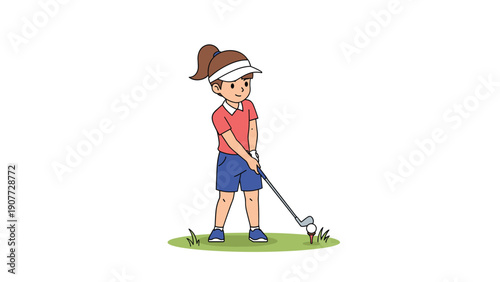 Young girl wearing a visor and polo shirt is shown hitting a golf ball off a tee in a clean flat illustration style.