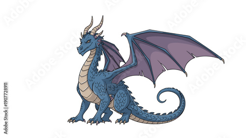 Large purple dragon with majestic wings and a long tail is standing proudly in this detailed colorful vector drawing.