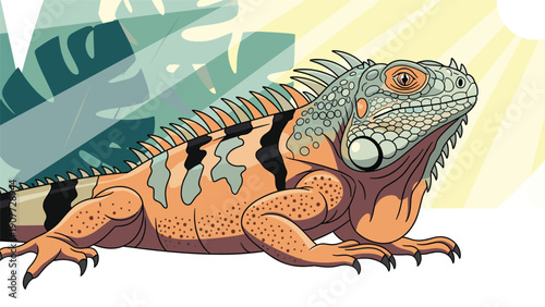 Colorful green and orange iguana with sharp spikes and textured skin is depicted in a detailed vector illustration.