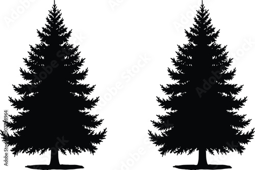 Evergreen pine tree silhouettes set, black realistic forest conifer trees isolated on white background, natural winter vector illustration design