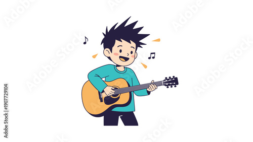 Enthusiastic young boy with spiky hair plays an acoustic guitar and sings with joy while musical notes float around him.