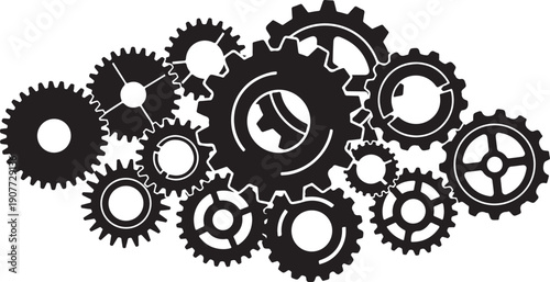 Black and white gears and cogs machinery illustration design