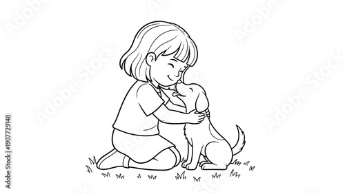Heartwarming black and white line drawing of a young girl kneeling on the grass while tenderly hugging her small pet dog.