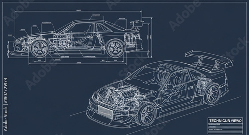 Car Blueprint Technical Drawing Design.