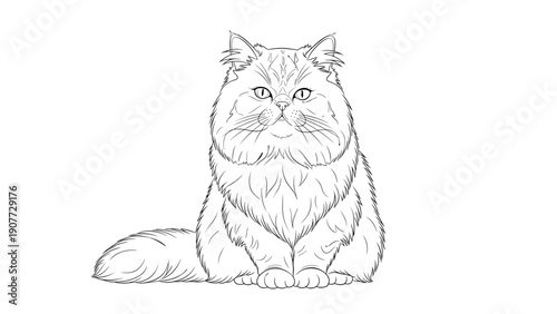 Detailed black and white line art illustration of a majestic fluffy cat with thick fur sitting calmly and looking forward.