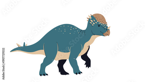 Colorful illustration of a pachycephalosaurus dinosaur with a thick domed skull and blue-grey skin walking on a white background.