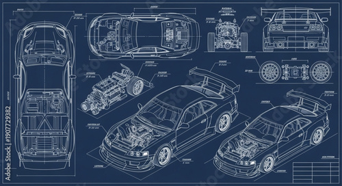 Car Blueprint Technical Drawing Design.