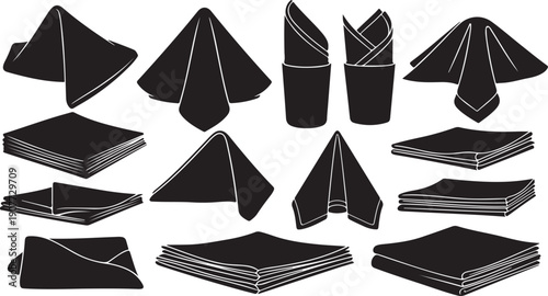 Various folded black napkins on white background illustration set