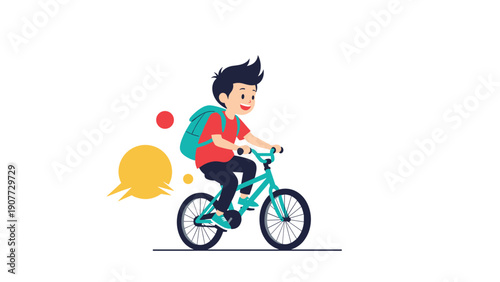 Determined young boy with a green backpack rides his blue bicycle toward school against a stylized yellow sun and red dot.