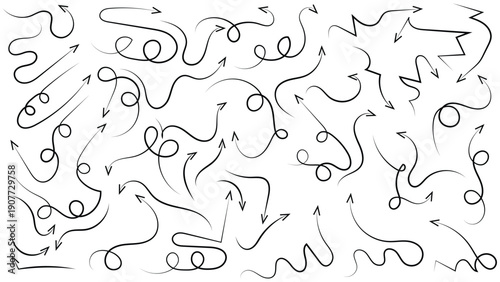 Vector set of hand-drawn charcoal black doodle arrows with varied wavy, curly, and jagged lines pointing in multiple directions, isolated on a white background.