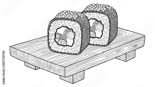 Artistic engraving style illustration of two pieces of gourmet sushi topped with caviar and served on a rustic wooden platter.