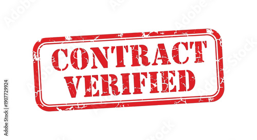 A distressed red stamp displaying the words contract verified in bold uppercase lettering on a white background high quality professional detailed