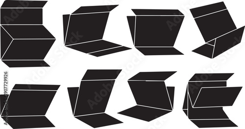 Black boxes in various 3D orientations and positions illustration