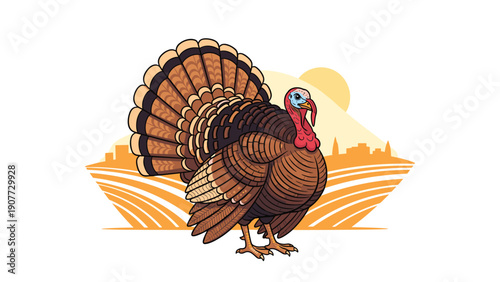 Large brown turkey with its tail feathers fanned out standing in a field with a golden sun and a distant city skyline.