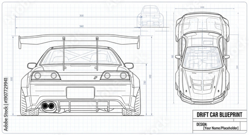 Car Blueprint Design Technical Drawing.
