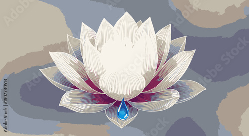 A beautiful white lotus flower with a glistening blue teardrop jewel, symbolizing purity and tranquility against a serene, abstract background.