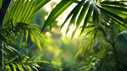 Sunlight filters through vibrant green palm leaves, creating a soft, blurred jungle scene