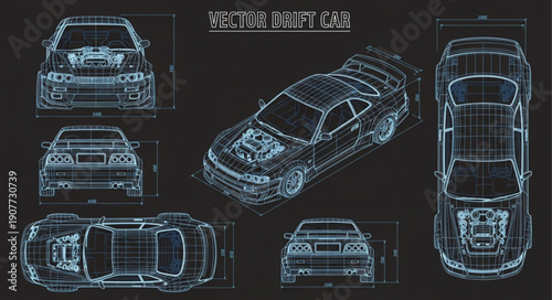 Car Blueprint Technical Drawing.