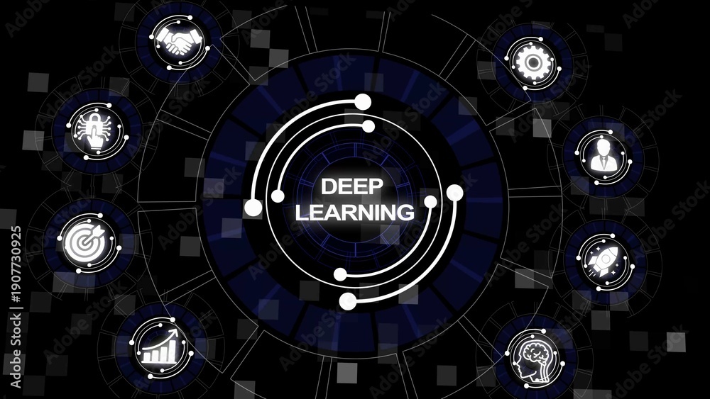Fototapeta premium Deep Learning Concept with Icons Representing AI and Data Processing on a Dark Futuristic Background