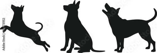 Dog silhouettes set showing playful sitting and barking dogs isolated black canine pet animal figures vector illustration design