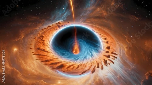 Cosmic black hole engulfing matter with a powerful jet of energy in deep space