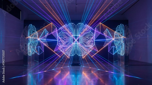 Vibrant Neon Light Art Installation Featuring a Symmetrical Brain-like Structure and Geometric Laser Beams Reflecting on a Dark Floor, Modern Abstr...