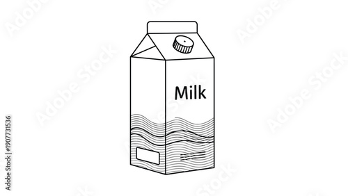 Classic milk carton illustration with a screw cap and decorative wave pattern, presented as a clear line art drawing for food packaging concepts.