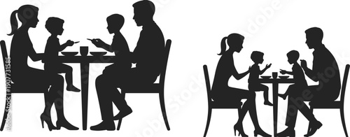 Family eating together at table silhouettes parents and children having meal dining concept isolated black vector illustration