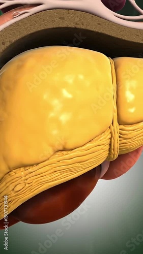 Liver Partially Covered by Visceral Fat – Educational Hepatic Cross-Section 3D Visualization
