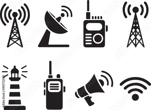 Communication and technology silhouette icon set. telecom and signal symbols