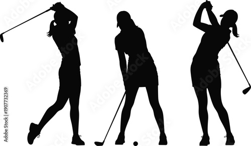 Female golf player silhouettes set showing women swinging clubs playing sport isolated black athlete figures vector illustration design collection outdoor action concept