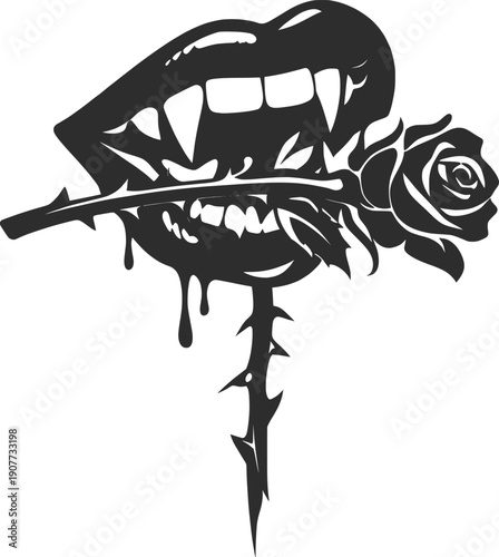 Gothic Vampire Lips with Rose Thorn Dark Fantasy Illustration.