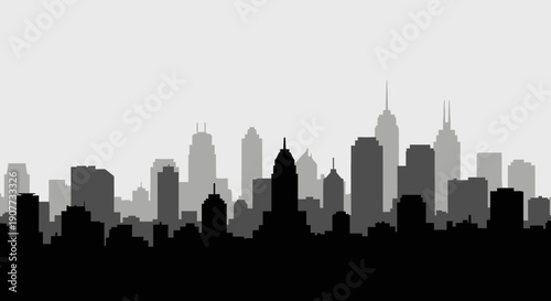 City Skyline Silhouette with Diverse Buildings and Dome on Grey Gradient Background