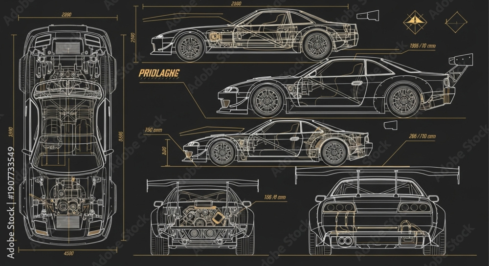 Fototapeta premium Car Blueprint Technical Drawing Illustration.