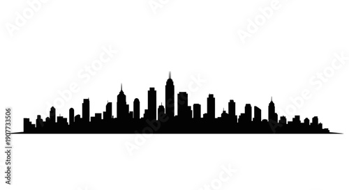 Detailed City Skyline Silhouette with Skyscrapers on Isolated White Background