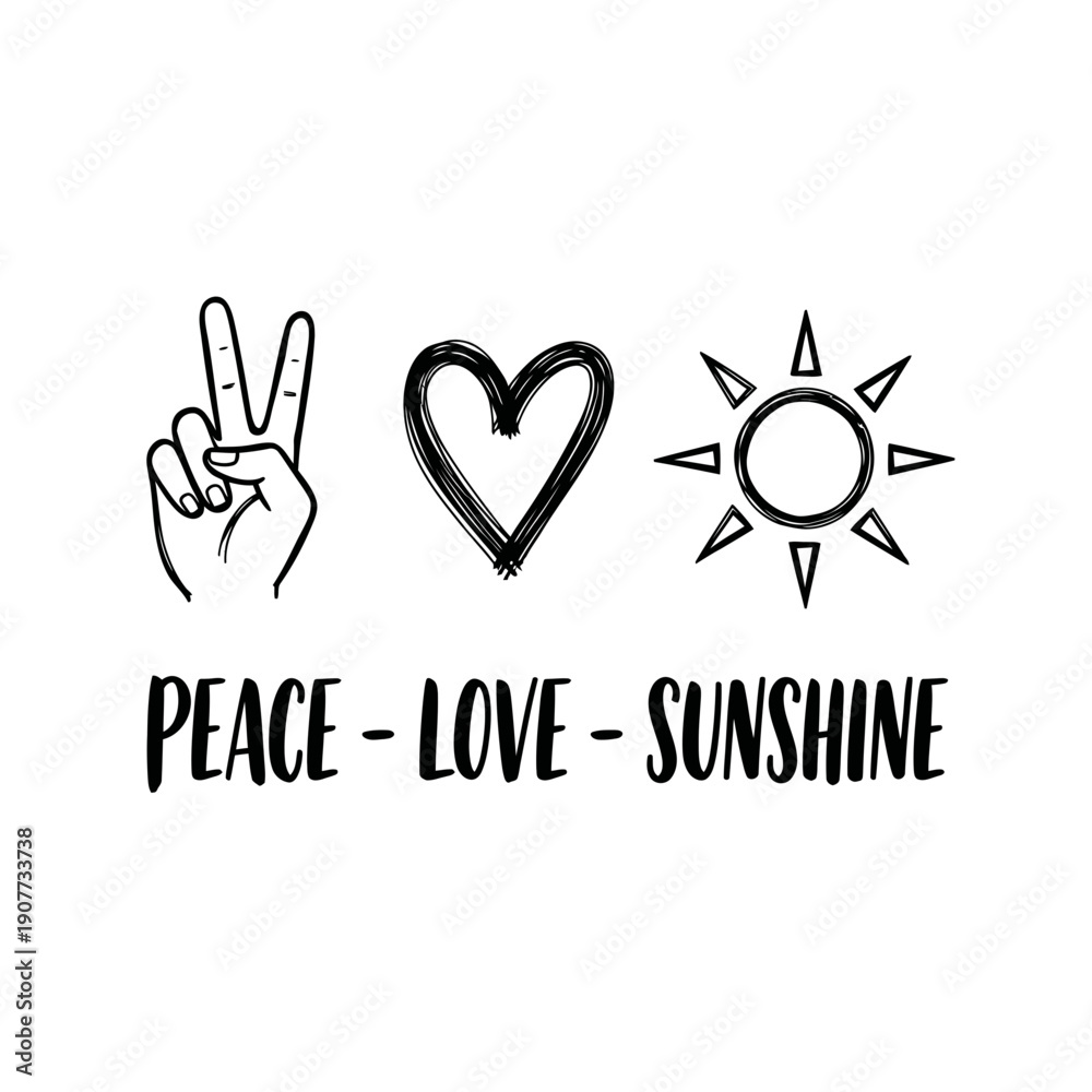 Obraz premium Peace Love Sunshine Illustration – Positive Hand Symbols Minimal Line Art