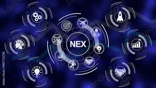 Digital business strategy infographic with NEX in the center and surrounding icons representing growth, innovation, and collaboration